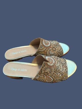 Django & Juliette Tan Embellished Slide Sandals
